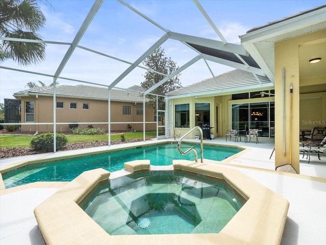 view of swimming pool with glass enclosure, a patio, and an in ground hot tub