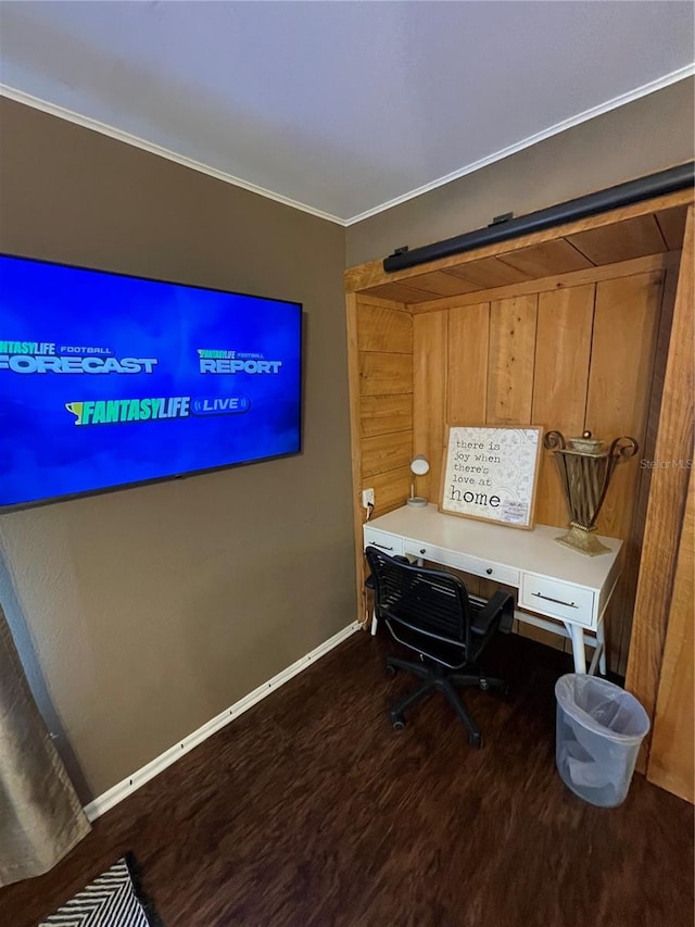 office featuring hardwood / wood-style flooring and crown molding