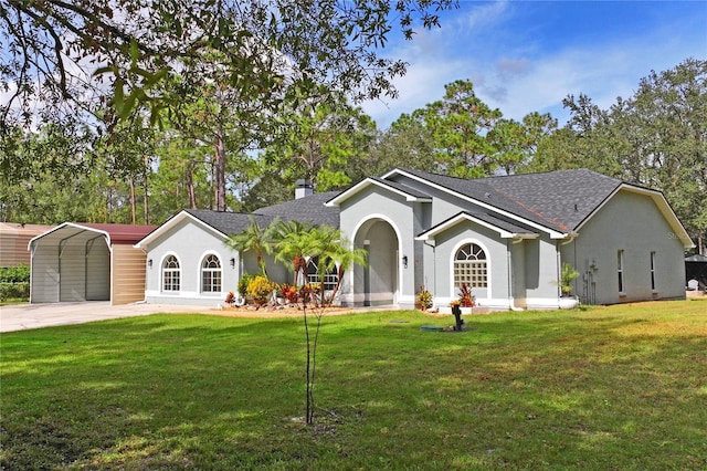 single story home with a front lawn and a carport