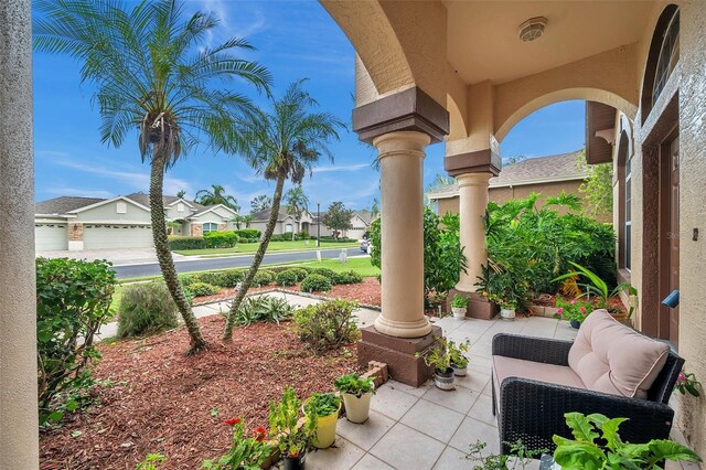 view of patio with a garage