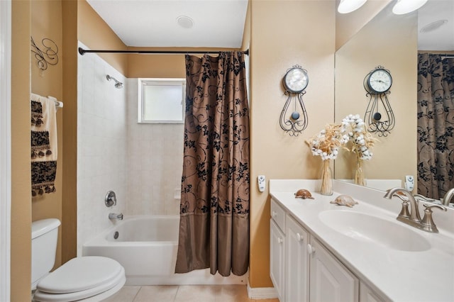 full bathroom with vanity, tile patterned floors, toilet, and shower / tub combo with curtain