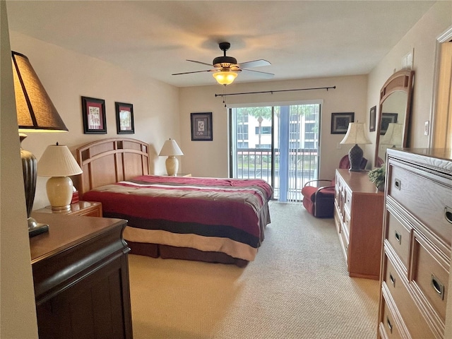 bedroom featuring access to outside, ceiling fan, and light colored carpet