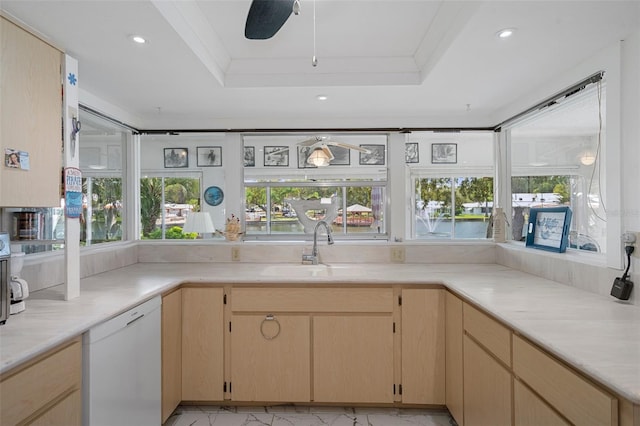 kitchen featuring a healthy amount of sunlight, a tray ceiling, and dishwasher