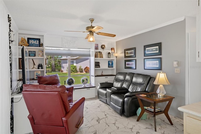 living room featuring ornamental molding, ceiling fan, and built in features