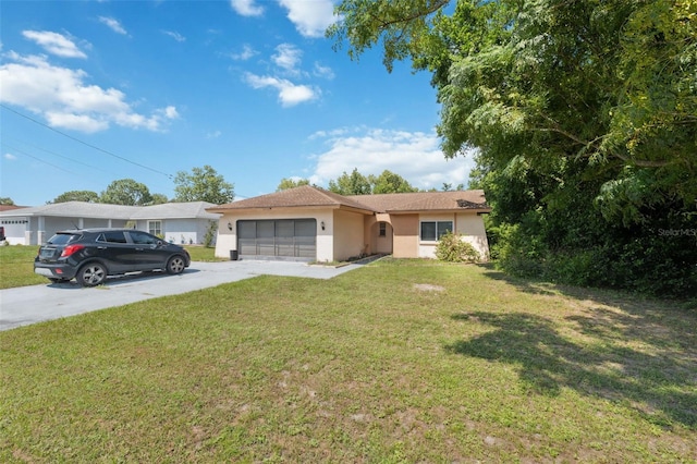 single story home with a garage and a front yard