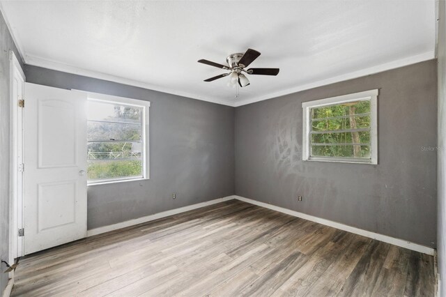 empty room with wood-type flooring, crown molding, ceiling fan, and plenty of natural light