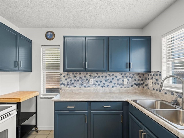 kitchen with blue cabinets, backsplash, and sink