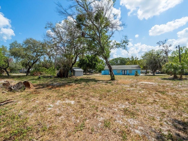 view of yard featuring a shed