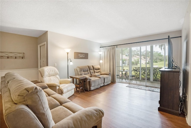 living room with wood-type flooring and a textured ceiling