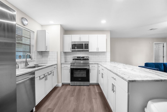 kitchen with white cabinets, sink, kitchen peninsula, hardwood / wood-style flooring, and stainless steel appliances