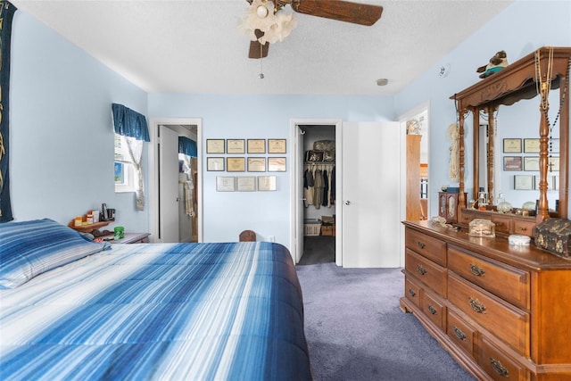 bedroom with ceiling fan, a textured ceiling, a walk in closet, a closet, and dark colored carpet