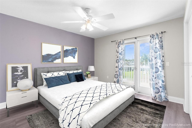 bedroom with ceiling fan and dark wood-type flooring