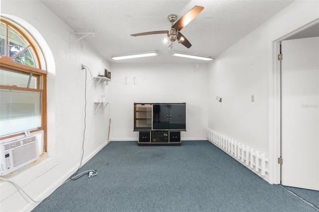 interior space with dark carpet, ceiling fan, and a textured ceiling