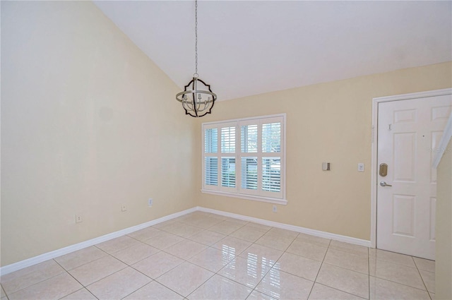 unfurnished dining area with vaulted ceiling, light tile patterned floors, and an inviting chandelier