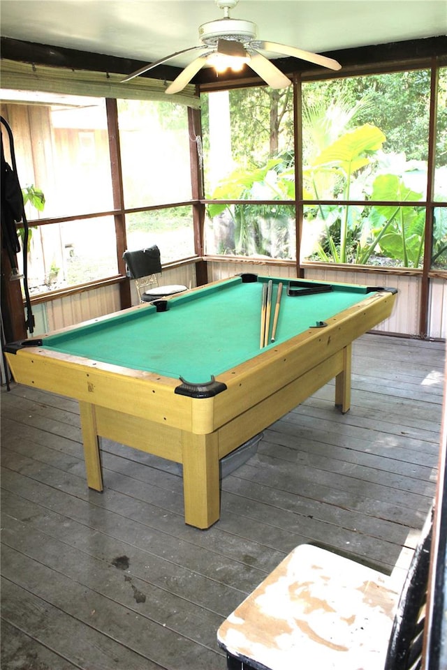 rec room with pool table, ceiling fan, and dark wood-type flooring