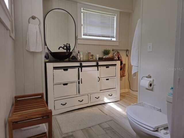 bathroom with hardwood / wood-style floors, plenty of natural light, vanity, and toilet