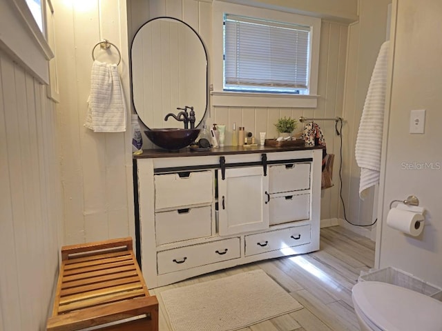 bathroom featuring wood-type flooring, vanity, and toilet