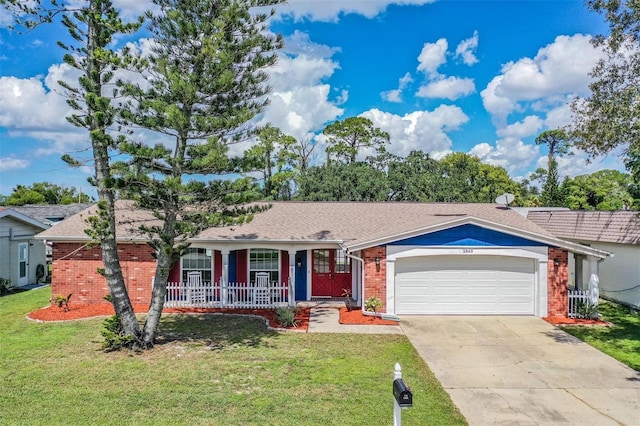 3849 Claremont Dr, New Port Richey, FL 34652 - ranch-style house featuring brick siding, a porch, an attached garage, and a front lawn