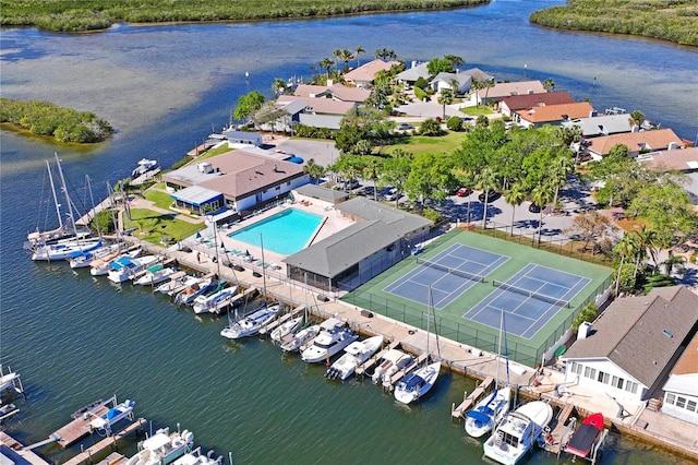 bird's eye view with a water view