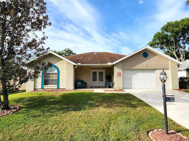 ranch-style house with a front yard and a garage