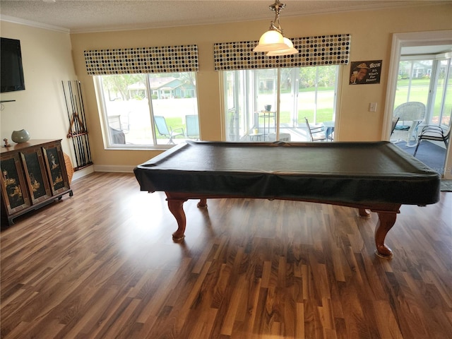 recreation room with wood-type flooring, pool table, and a healthy amount of sunlight