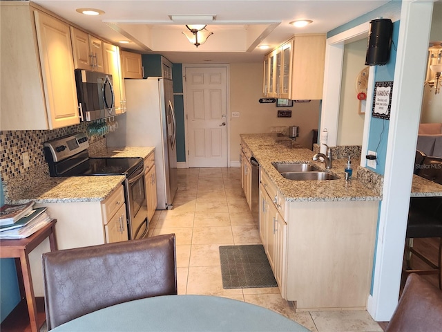 kitchen with sink, a kitchen breakfast bar, stainless steel appliances, a raised ceiling, and light stone countertops