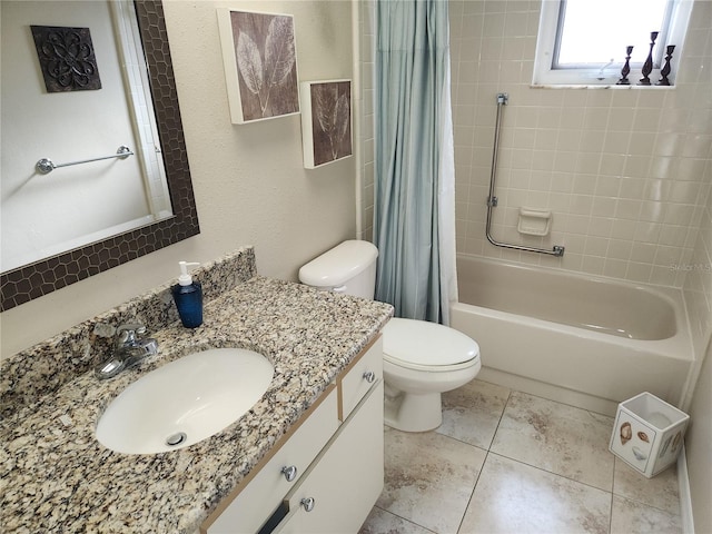 full bathroom with shower / bath combo, tile patterned flooring, vanity, and toilet