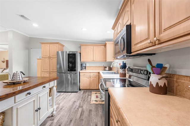 kitchen featuring ornamental molding, appliances with stainless steel finishes, sink, and light brown cabinets