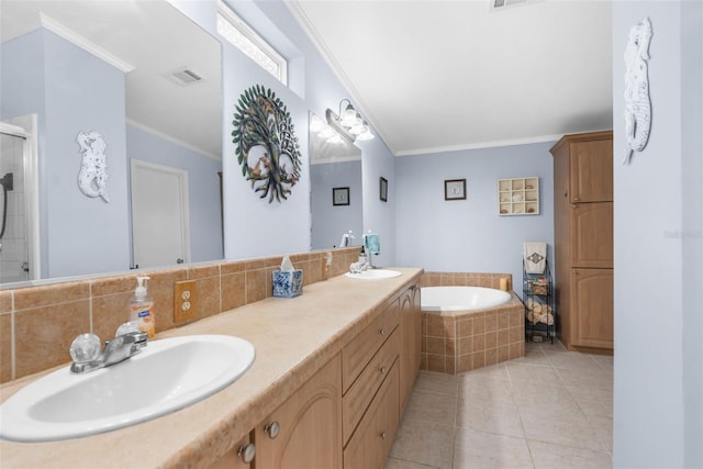 bathroom with tile patterned flooring, crown molding, separate shower and tub, and vanity