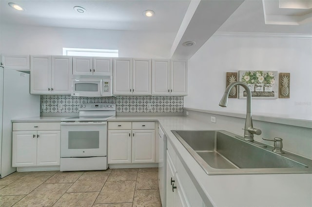 kitchen featuring sink, white cabinetry, white appliances, backsplash, and ornamental molding