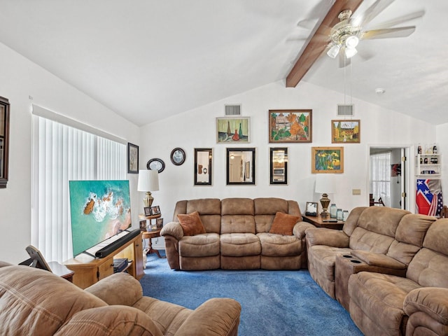 living room with lofted ceiling with beams, carpet, and ceiling fan