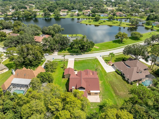 birds eye view of property featuring a water view