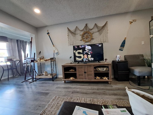 living room with a textured ceiling and hardwood / wood-style flooring