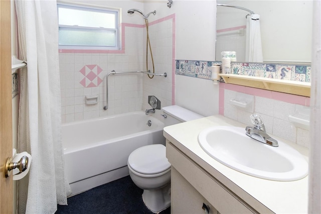 full bathroom featuring shower / bath combination with curtain, vanity, backsplash, tile walls, and toilet