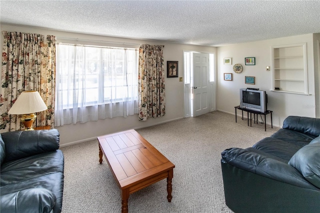 living room with a textured ceiling and carpet