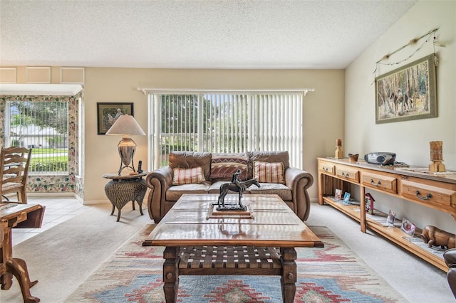 carpeted living room with a wealth of natural light and a textured ceiling