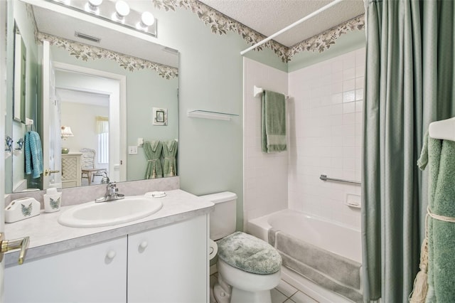 full bathroom with tile patterned floors, toilet, a textured ceiling, vanity, and shower / bathtub combination with curtain