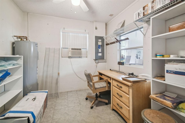 office with ceiling fan, a textured ceiling, cooling unit, electric panel, and water heater