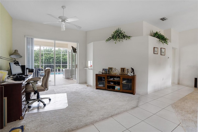 tiled office with ceiling fan