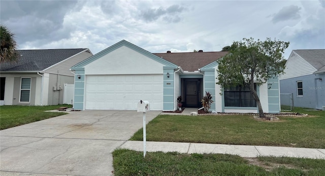 single story home with a front lawn and a garage