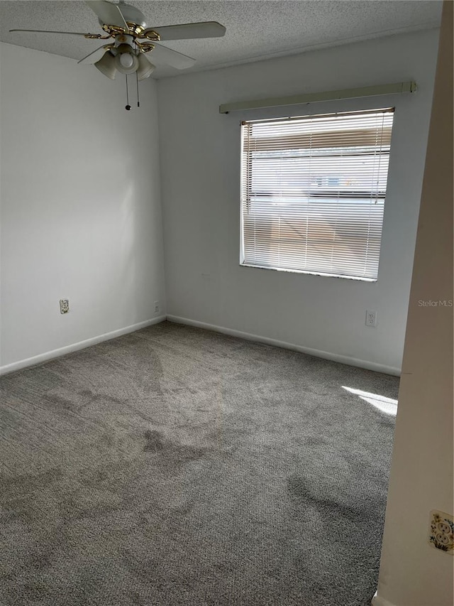 carpeted empty room with ceiling fan, a wealth of natural light, and a textured ceiling