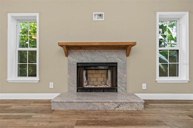 room details with hardwood / wood-style floors and a high end fireplace