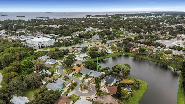 bird's eye view with a water view