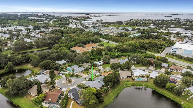 aerial view featuring a water view