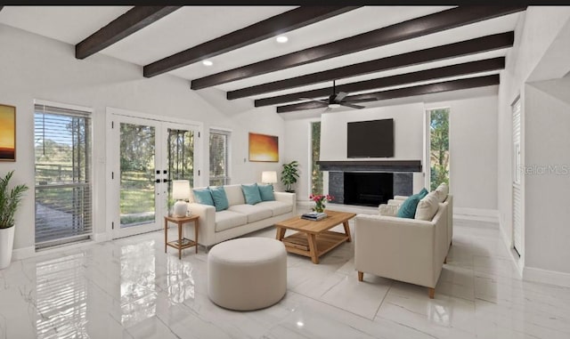 living room with vaulted ceiling with beams, ceiling fan, and french doors