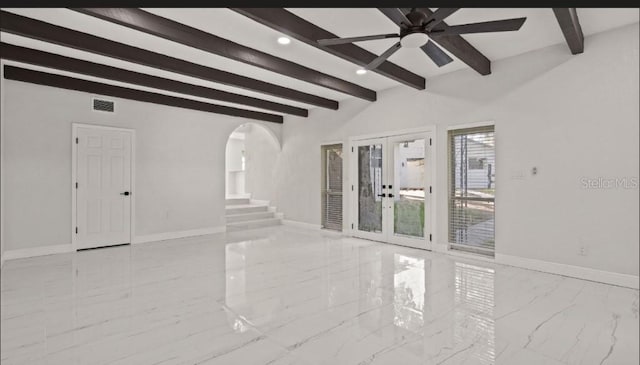 unfurnished living room with ceiling fan, vaulted ceiling with beams, and french doors