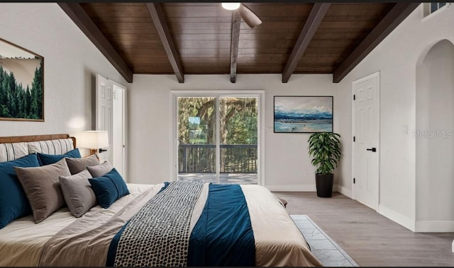 bedroom with ceiling fan, light hardwood / wood-style floors, wooden ceiling, and access to outside