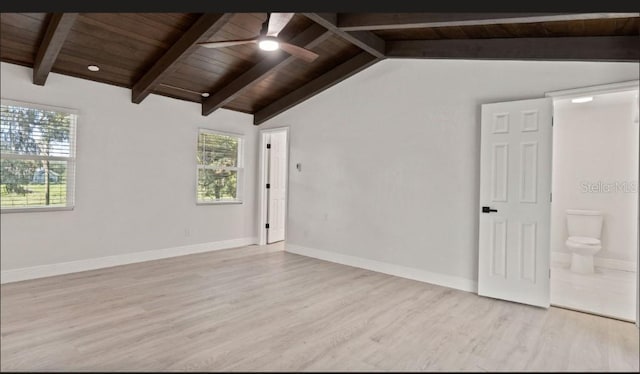 empty room featuring light hardwood / wood-style flooring, wood ceiling, vaulted ceiling with beams, and ceiling fan