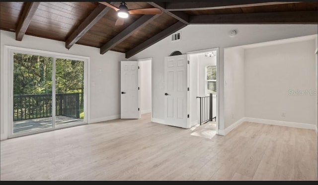 unfurnished room with light wood-type flooring, vaulted ceiling with beams, ceiling fan, and wooden ceiling