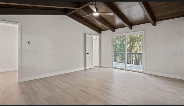 empty room featuring ceiling fan, vaulted ceiling with beams, wood ceiling, and light hardwood / wood-style floors